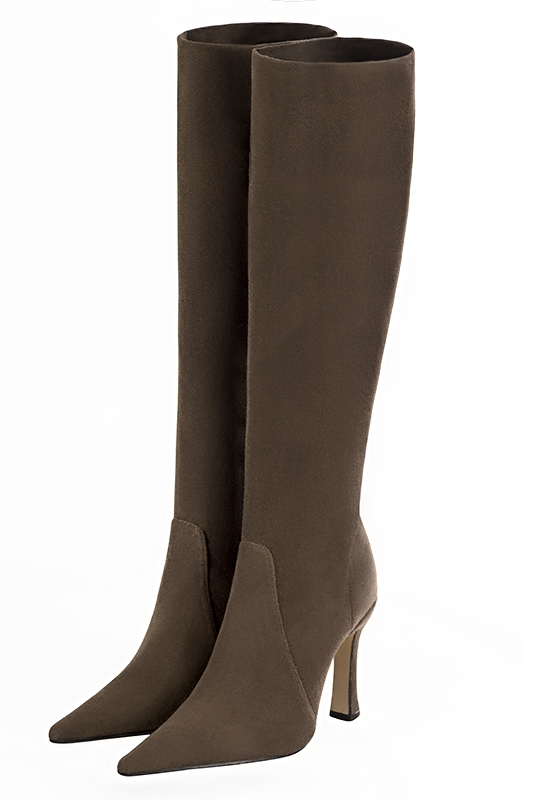 Chocolate brown women's feminine knee-high boots. Pointed toe. Very high spool heels. Made to measure. Front view - Florence KOOIJMAN